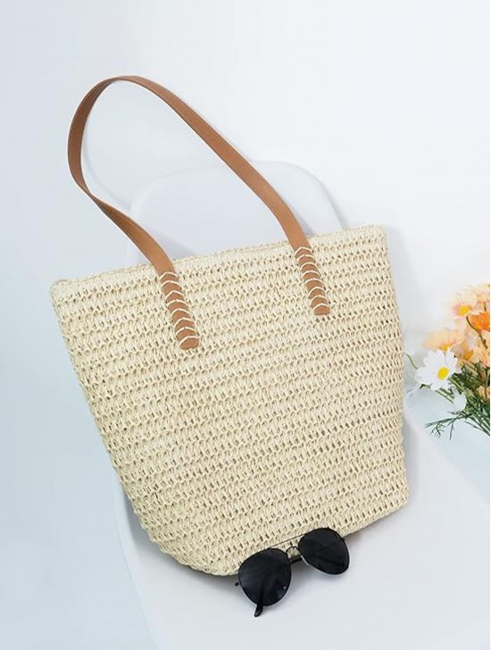Fashion Weaved Straw Bag W/ Faux Leather Handle